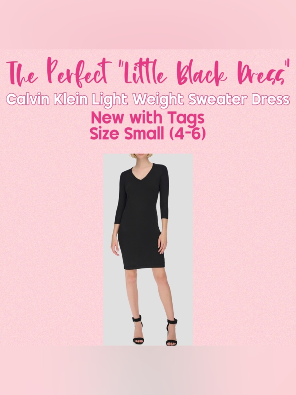Calvin Klein Black V-Neck Sweater Dress with Three-Quarter Sleeves NWT